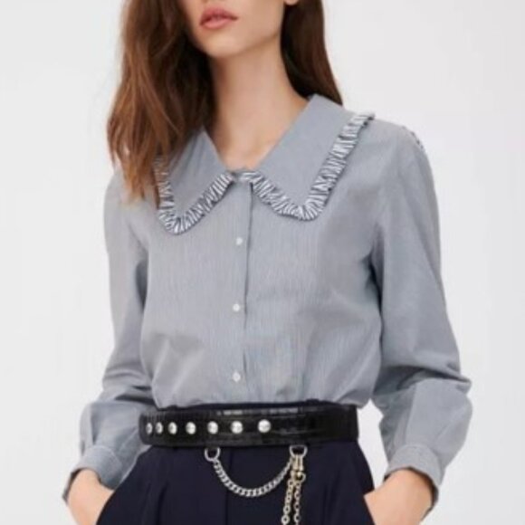 Maje Women's 100% Cotton 'Cival' Ruffle-collar Striped Shirt (Size FR 1/US S) - Picture 1 of 10